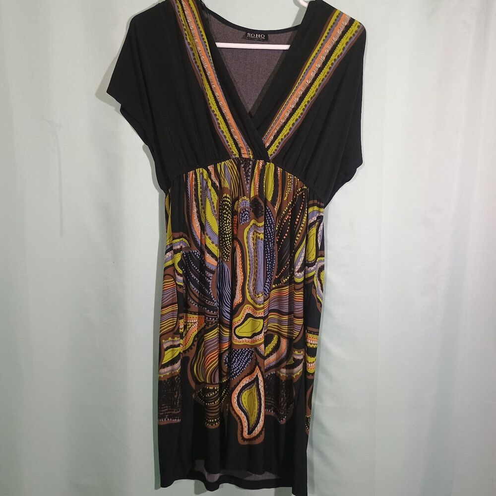 Soho Apparel Black Multicolor Empire Waist Dress V Neck Short Sleeve